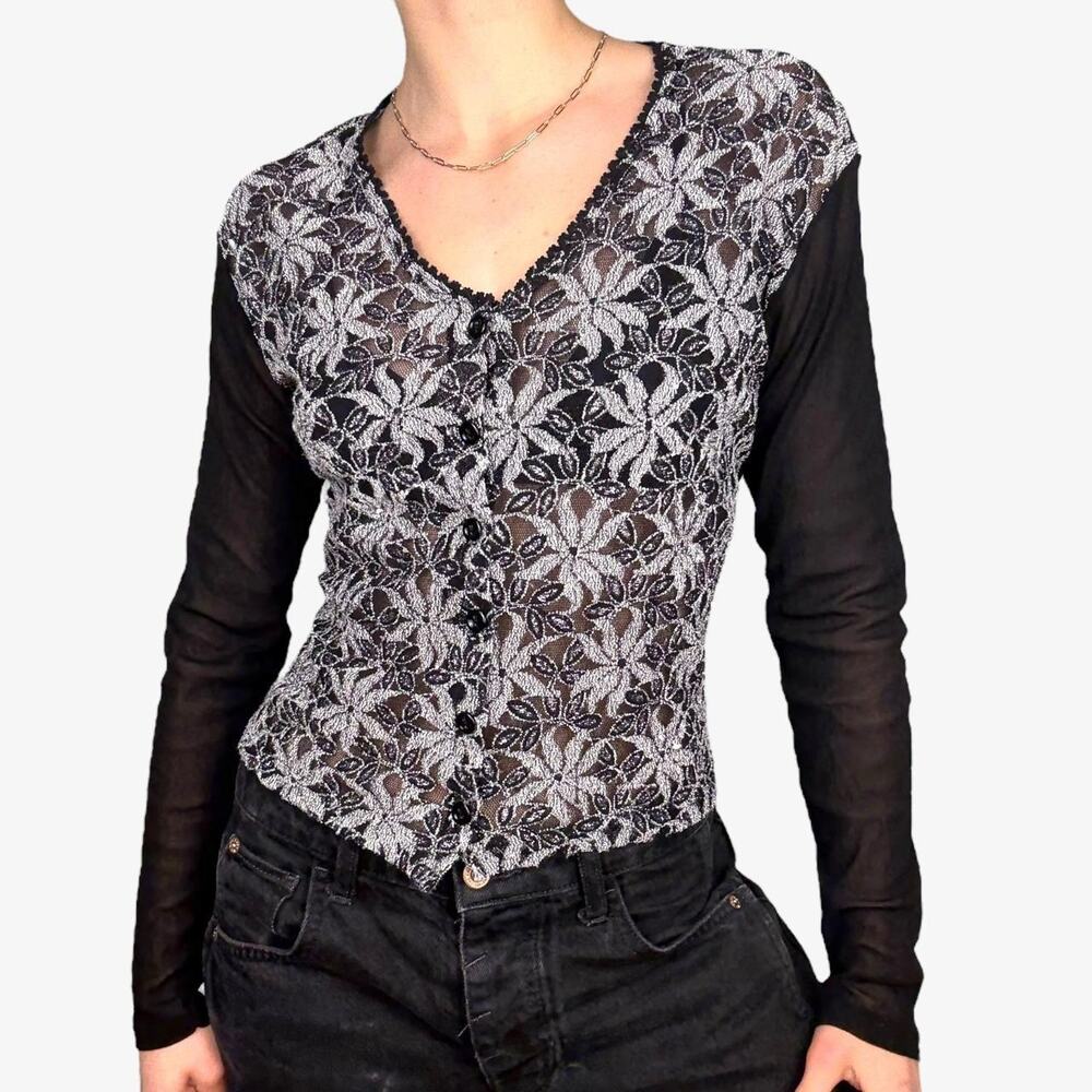 Black & white mesh floral sheer button up top 90s Y2K from body casual